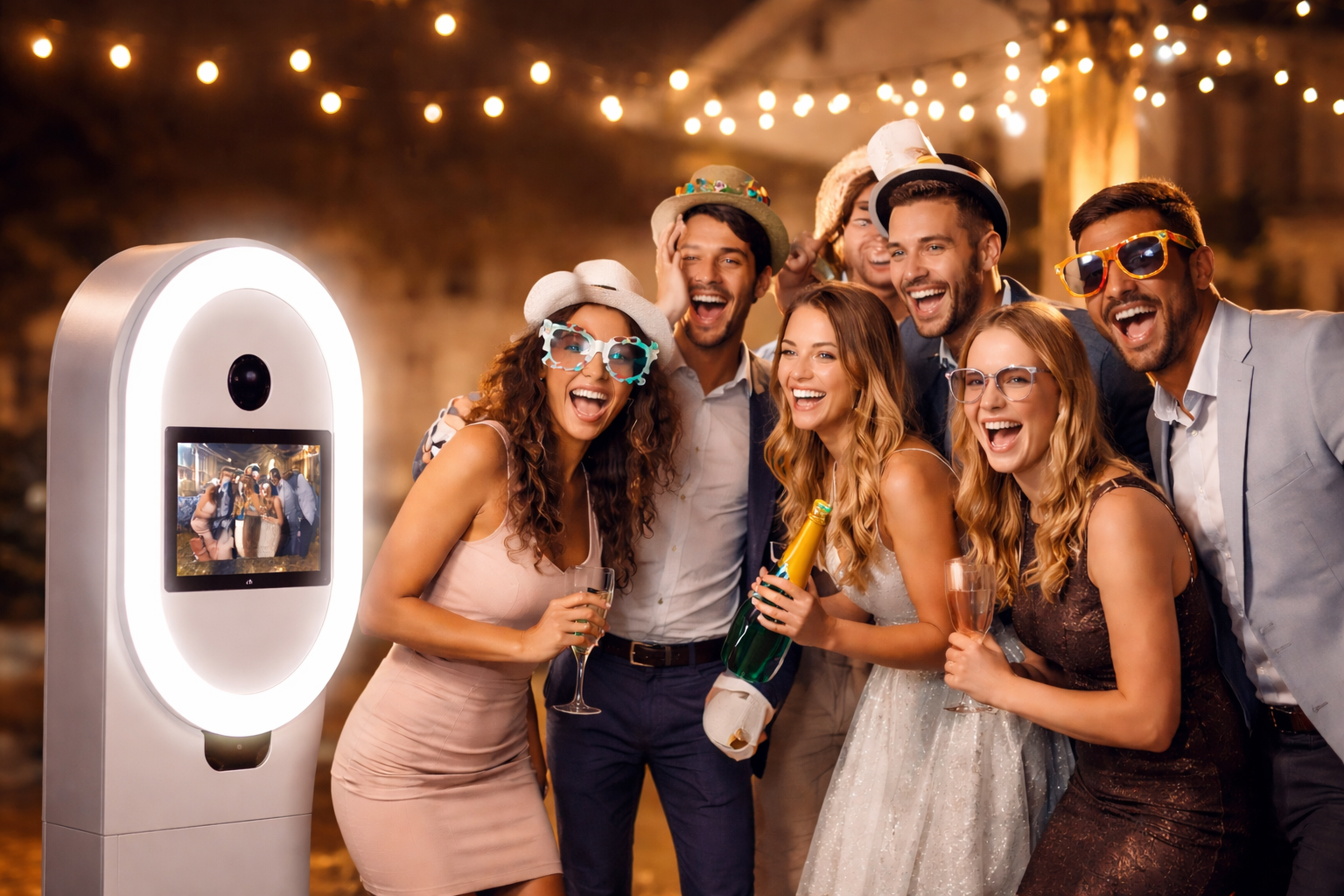 Modern digital photo booth setup at an event in Kansas City with guests enjoying a fun and interactive experience